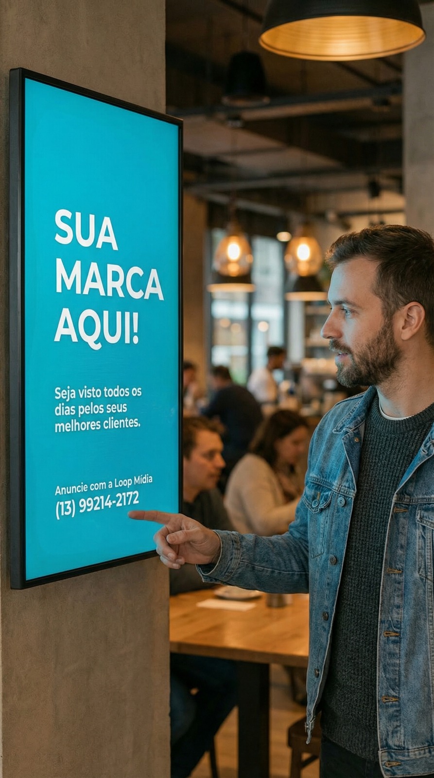 Tela vertical da Loop Mídia instalada em um ponto da rede